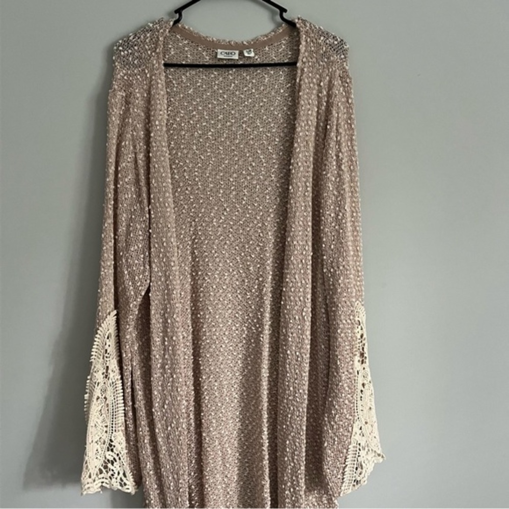 Cato Beige and White Knit Boho Open Front Cardigan